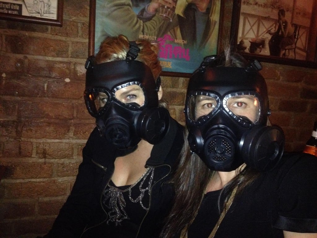 And to cap off the evening, guests received gas masks as tchotches. Pictured: Cablefax Senior Community Editor Kaylee Hultgren and guest. 