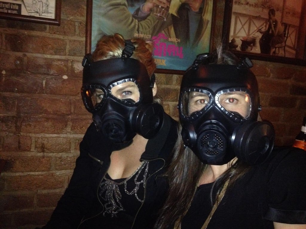 And to cap off the evening, guests received gas masks as tchotches. Pictured: Cablefax Senior Community Editor Kaylee Hultgren and guest.