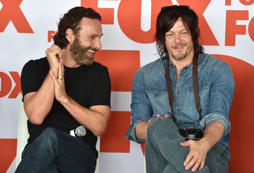 Andrew Lincoln, left, and Norman Reedus attend AMC's "The Walking Dead" breakfast.
