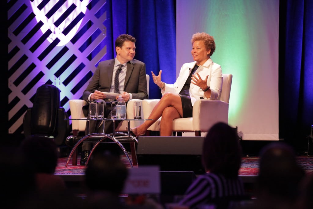 Cablefax Associate Publisher Michael Grebb interviews BET's Debra Lee during the Cablefax breakfast at NAMIC.