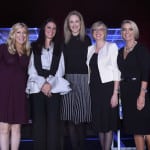 (L-R) Sara Eisen, Co-Anchor, Squawk on the Street & Co-Anchor, Worldwide Exchange, CNBC; Fernanda Merodio, Sr. Director, Distribution, Hemisphere Media Group; Julie Neimat, SVP, Global Talent and HR Management, Discovery Communications; Emma Lyon, VP-People, Commercial & HR Services, Liberty Global; and Amy Blair, SVP, Chief People Officer, Liberty Global at the WICT Leadership Conference. (Photo by Larry Busacca/Getty Images)