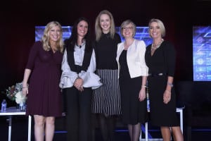 (L-R) Sara Eisen, Co-Anchor, Squawk on the Street & Co-Anchor, Worldwide Exchange, CNBC; Fernanda Merodio, Sr. Director, Distribution, Hemisphere Media Group; Julie Neimat, SVP, Global Talent and HR Management, Discovery Communications; Emma Lyon, VP-People, Commercial & HR Services, Liberty Global; and Amy Blair, SVP, Chief People Officer, Liberty Global at the WICT Leadership Conference. (Photo by Larry Busacca/Getty Images)