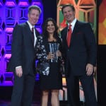 (L-R) Pat Esser, Reshma Saujani, founder of Girls Who Code, and Ken Lowe pose with the Diversity Advocate Award onstage at the 34th Annual Walter Kaitz Foundation Fundraising Dinner at Marriot Marquis Times Square on September 27, 2017 in New York City. (Photo by Larry Busacca/Getty Images for The Walter Kaitz Foundation)