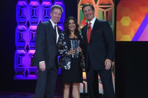 (L-R) Pat Esser, Reshma Saujani, founder of Girls Who Code, and Ken Lowe pose with the Diversity Advocate Award onstage at the 34th Annual Walter Kaitz Foundation Fundraising Dinner at Marriot Marquis Times Square on September 27, 2017 in New York City. (Photo by Larry Busacca/Getty Images for The Walter Kaitz Foundation)